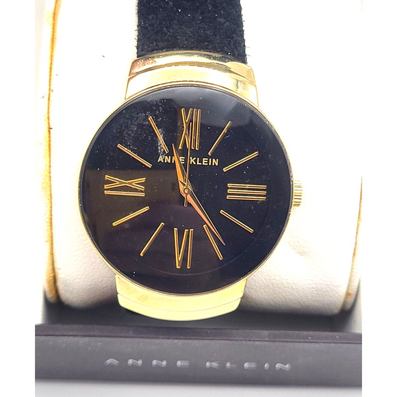 ANNE KLEIN Diamond Collection Watch Black Leather Band Black Dial Gold Letters - Picture 1 of 12